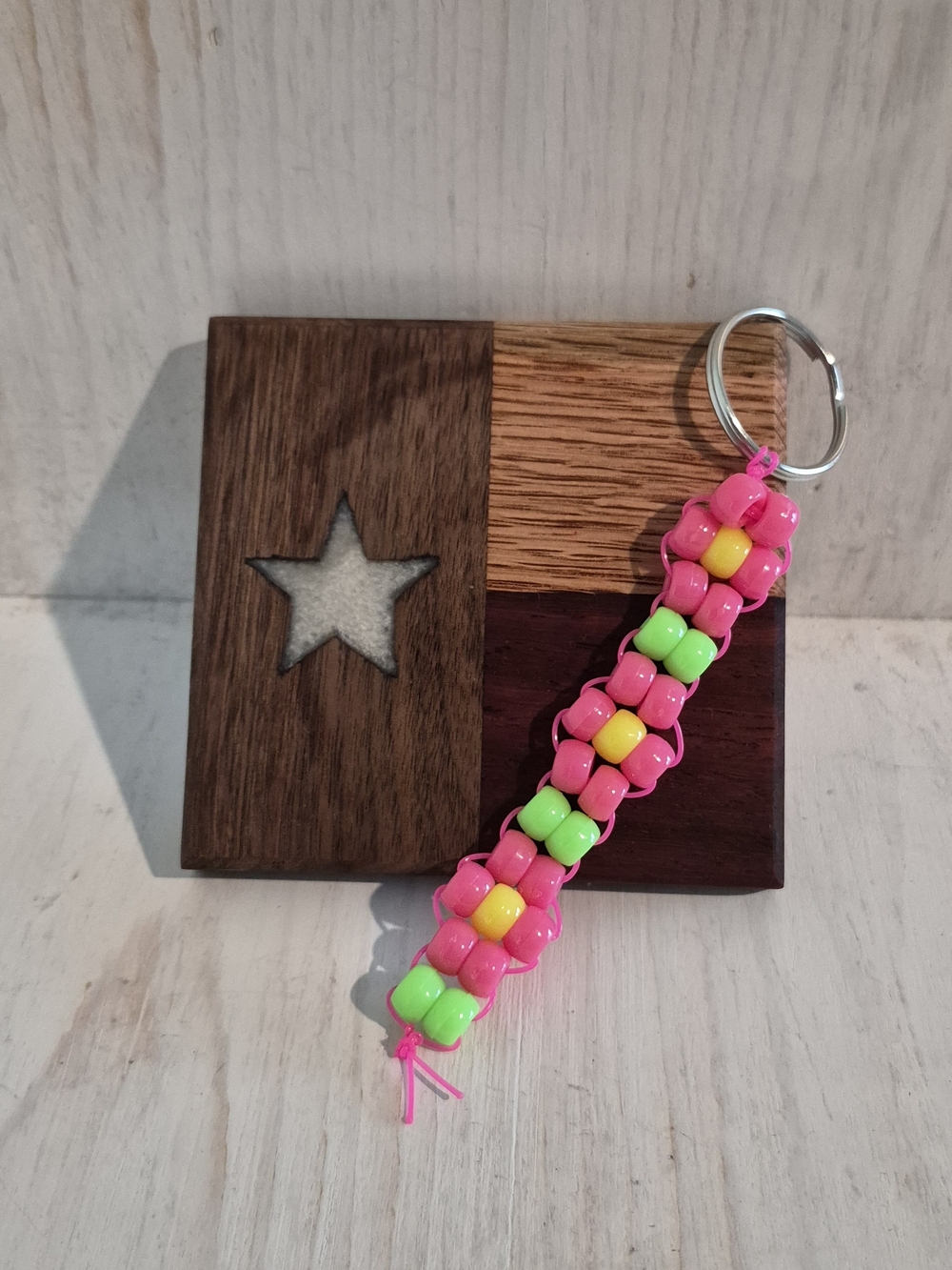 Handmade Pink Beaded Keychain with Green & Yellow Accents